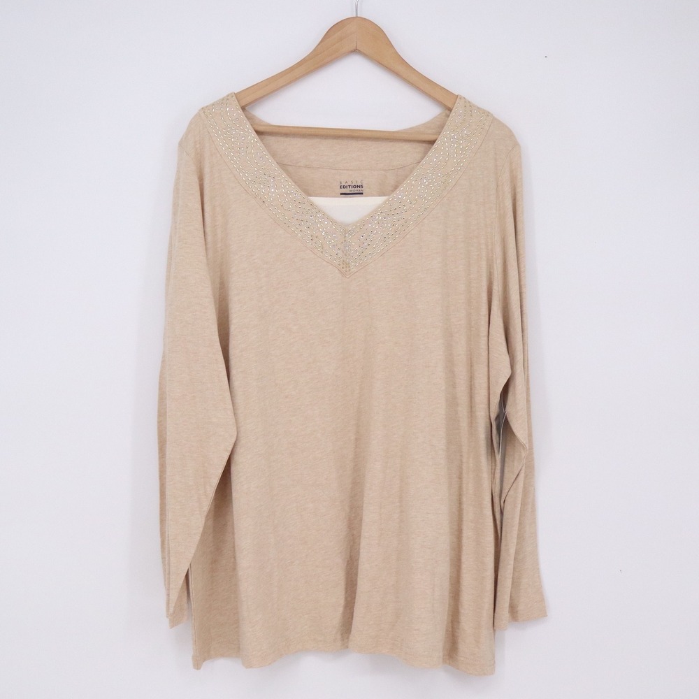 Basic Editions Top Womens 2X LS Embellished 2FER Tan Studded Rhinestone NEW